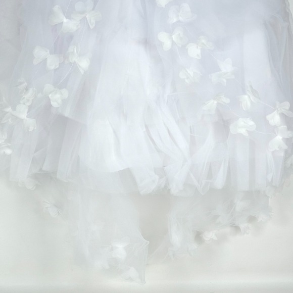 White Tulle Formal Christening Gown 7/8 Floral 3D Applique Satin Bow Flower Girl - Picture 15 of 16
